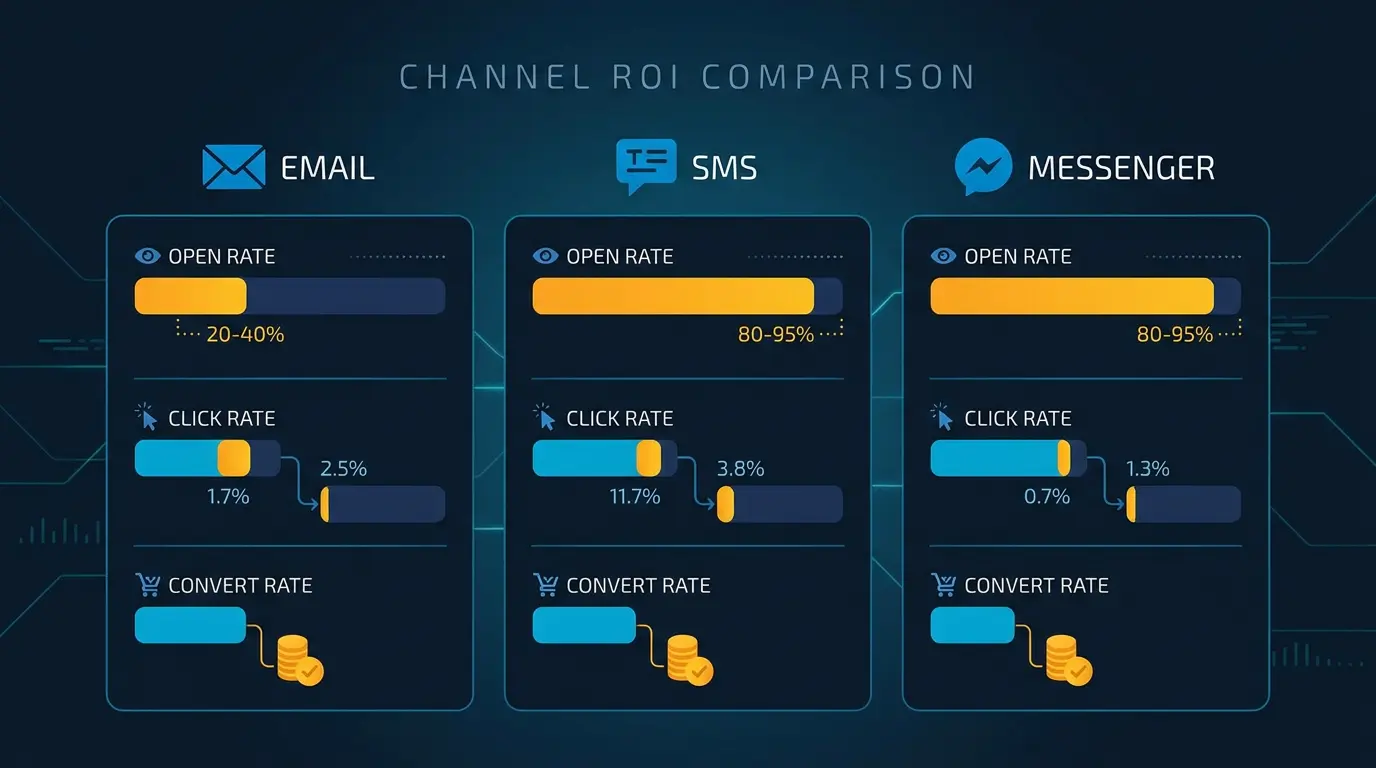 Channel ROI comparison: email vs SMS vs messenger open/click/convert rates.