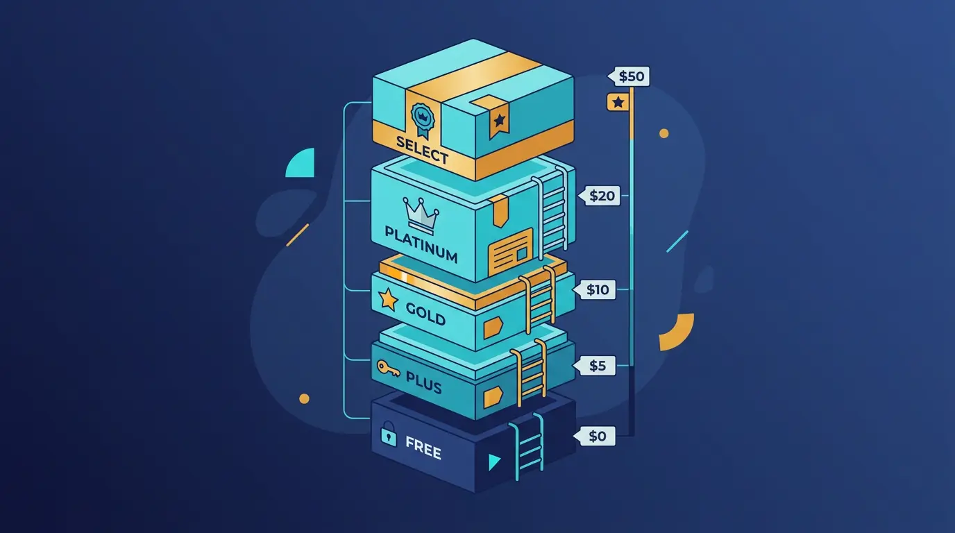Subscription stack diagram: free, Plus, Gold, Platinum, Select with price ladder.