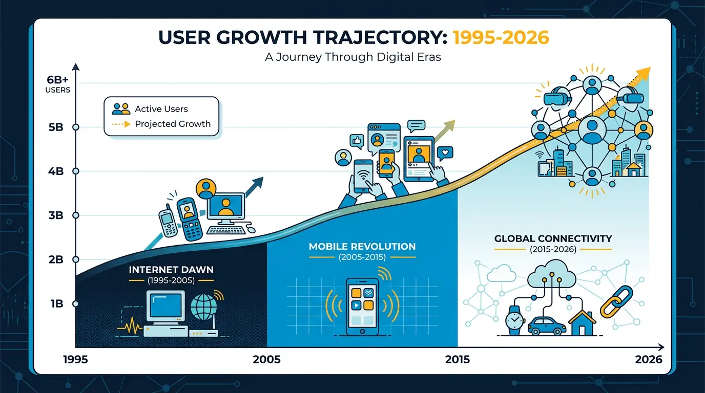 User growth chart 1995 to 2026 with era bands coloured.