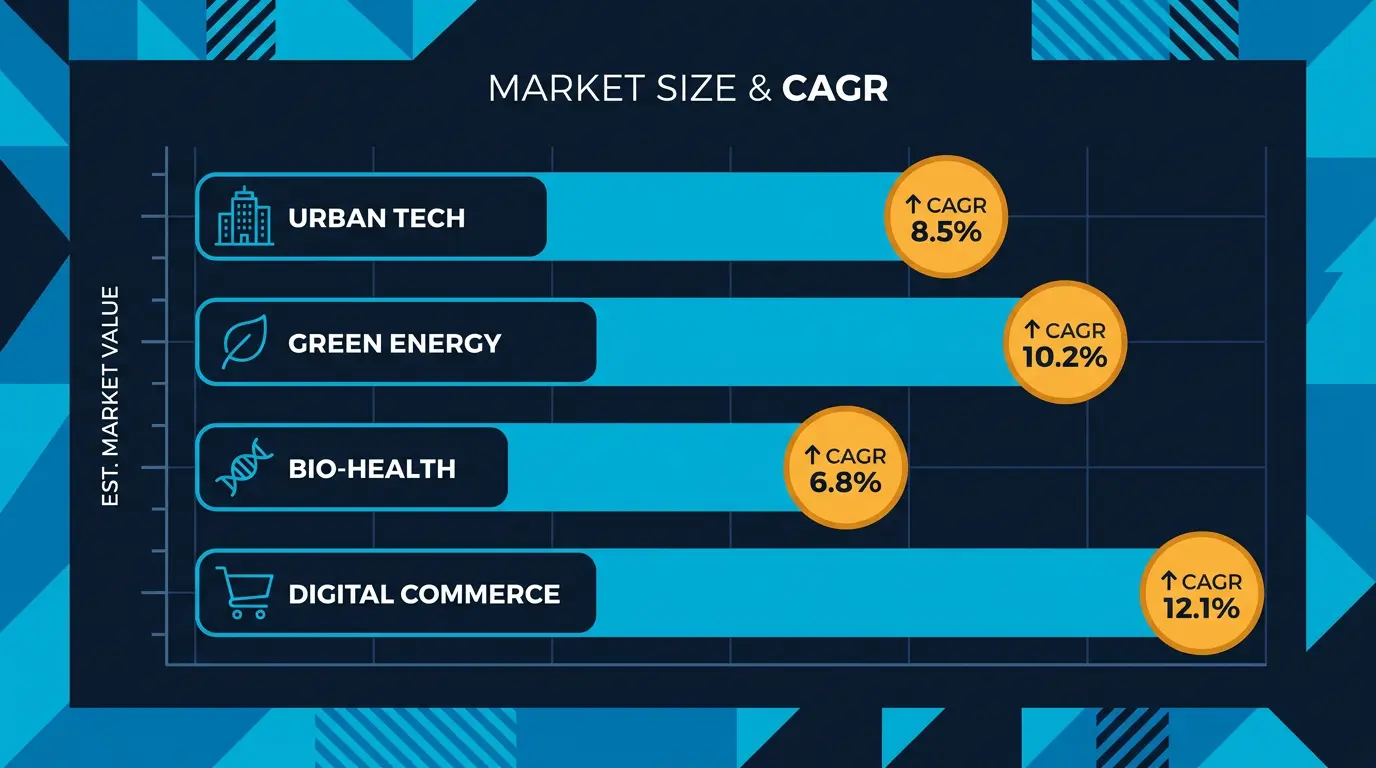 Market size bar chart per niche with CAGR markers.