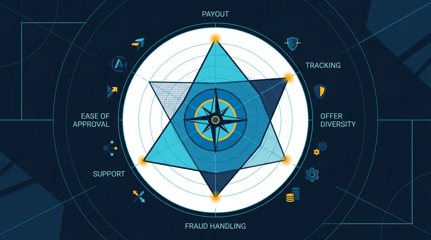 Radar chart comparing 4 top networks across 6 axes: payout, tracking, offer diversity, fraud handling, support, ease of approval.
