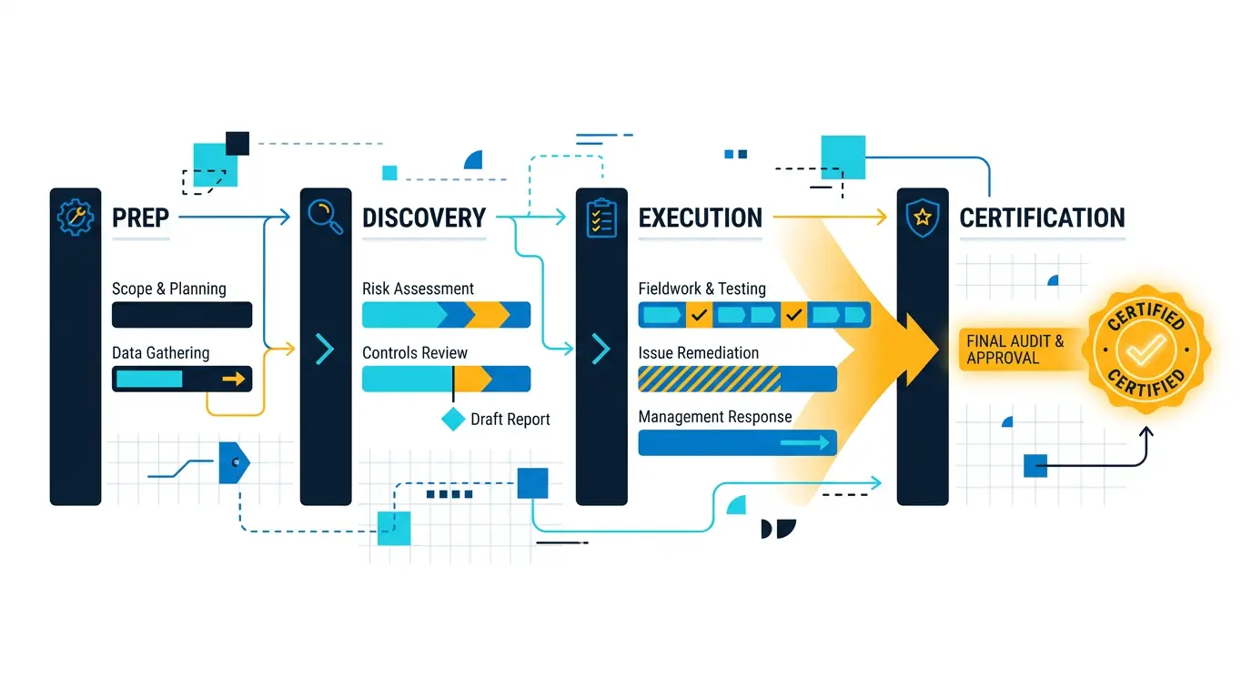 Audit roadmap Gantt from prep to certification.