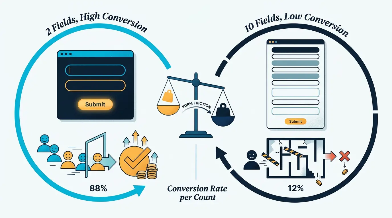 Form friction scale: 2 fields vs 10 fields, conversion rate per count.
