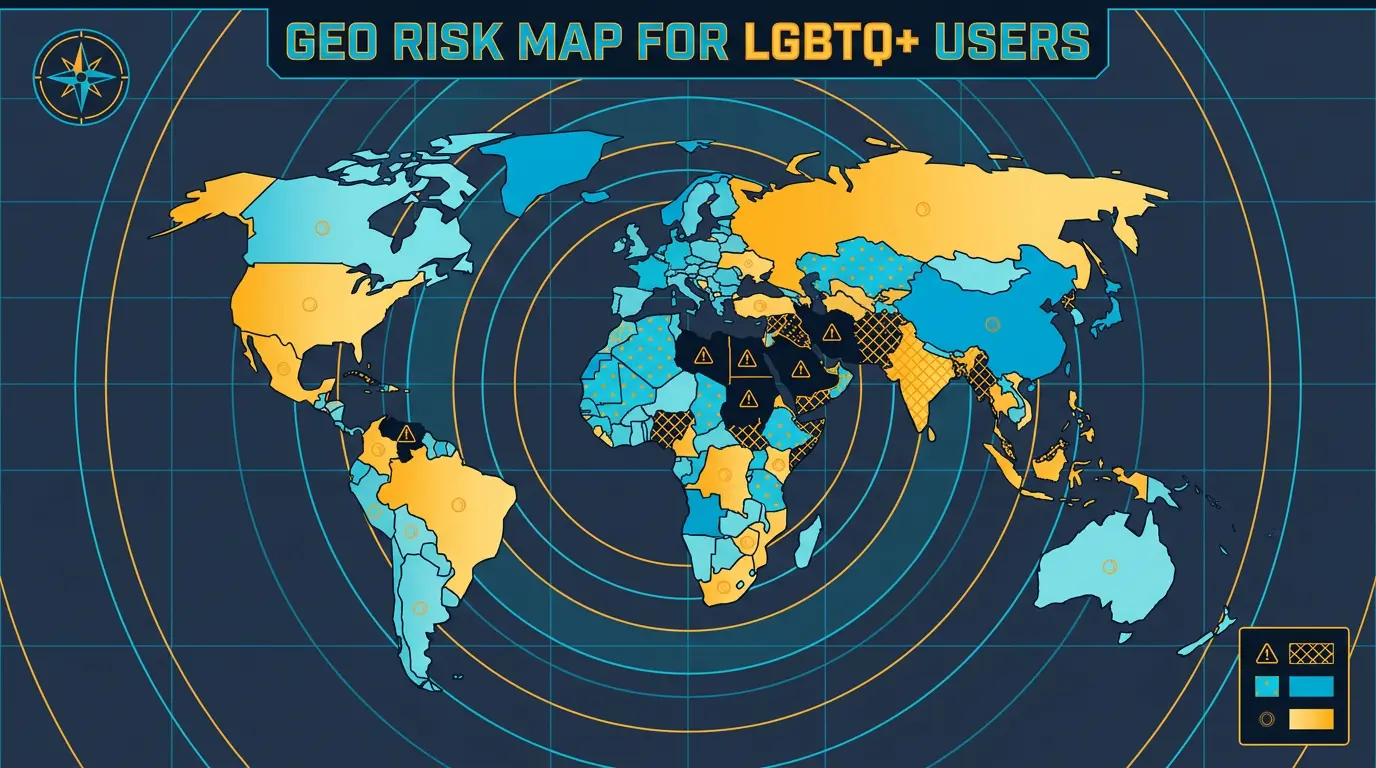 Geo risk map coloured by threat level to LGBTQ+ users.