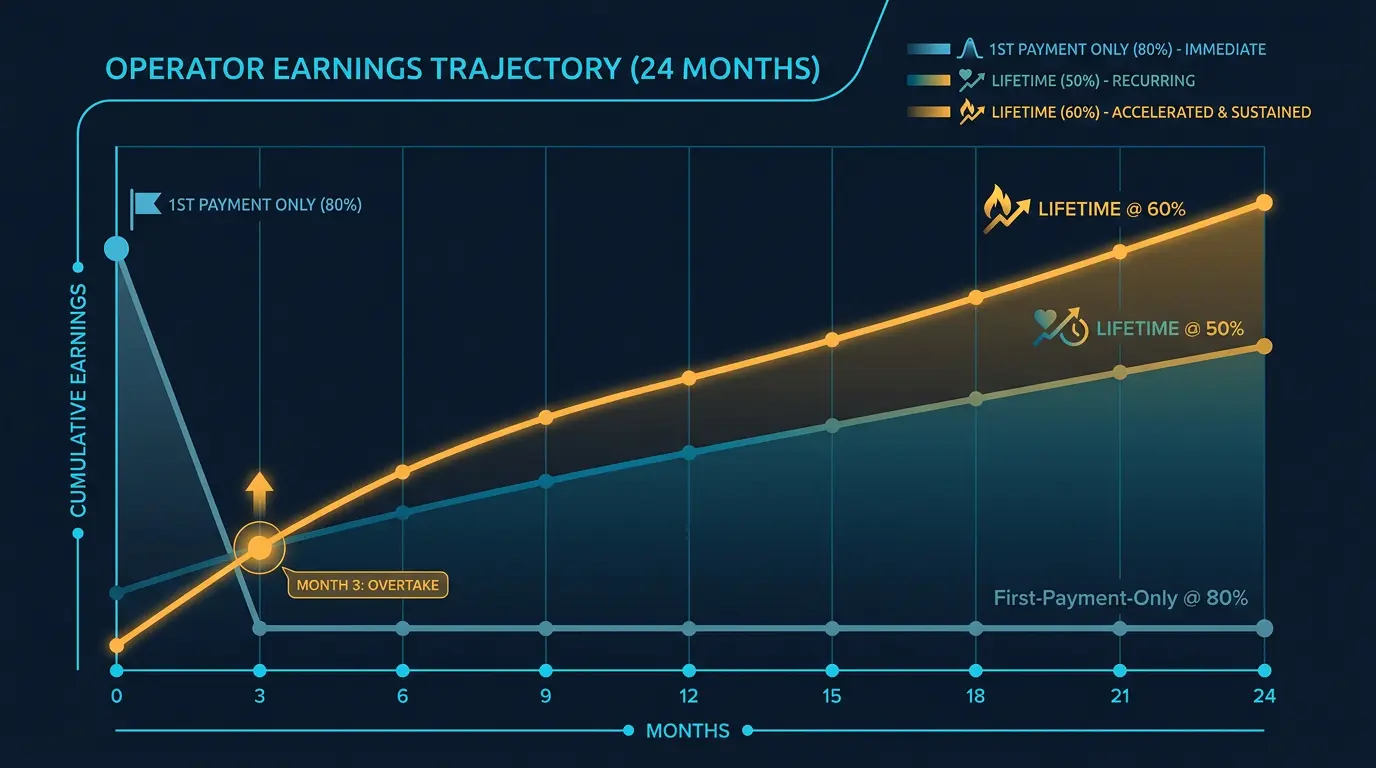 Line chart showing operator earnings over 24 months under three scenarios: first-payment-only at 80%, lifetime at 50%, lifetime at 60%.