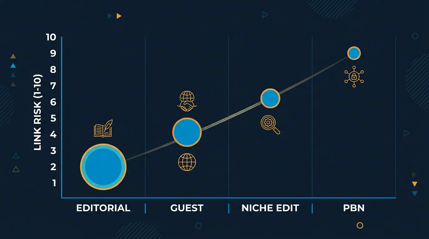 Link risk matrix: editorial/guest/niche edit/PBN on X axis, risk 1-10 on Y axis.