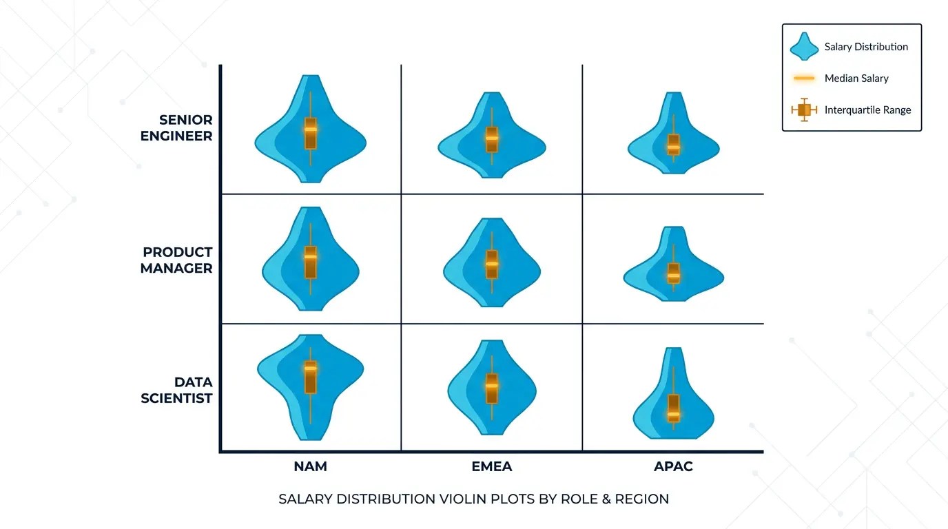 Salary distribution violin plots by role and region.