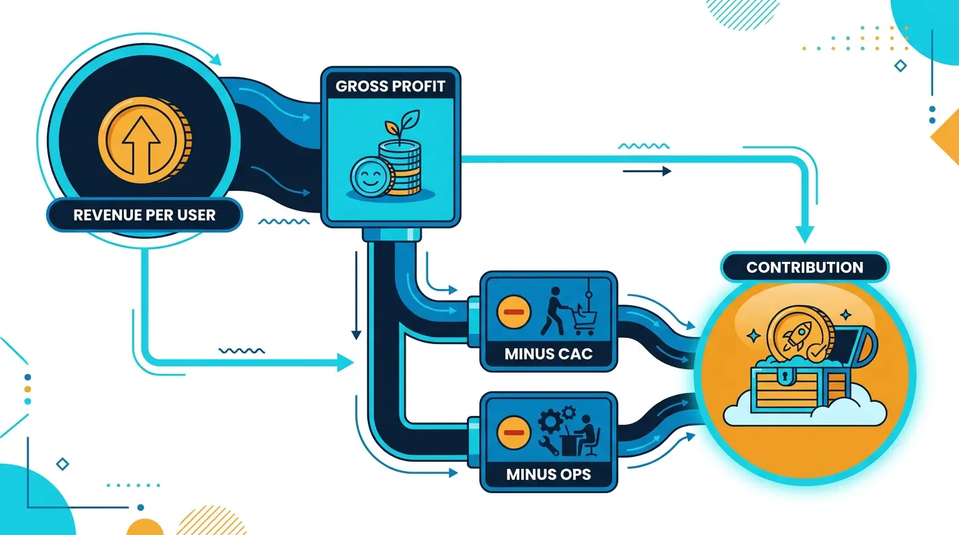 Unit economics waterfall: revenue per user -> gross profit -> minus CAC -> minus ops -> contribution.