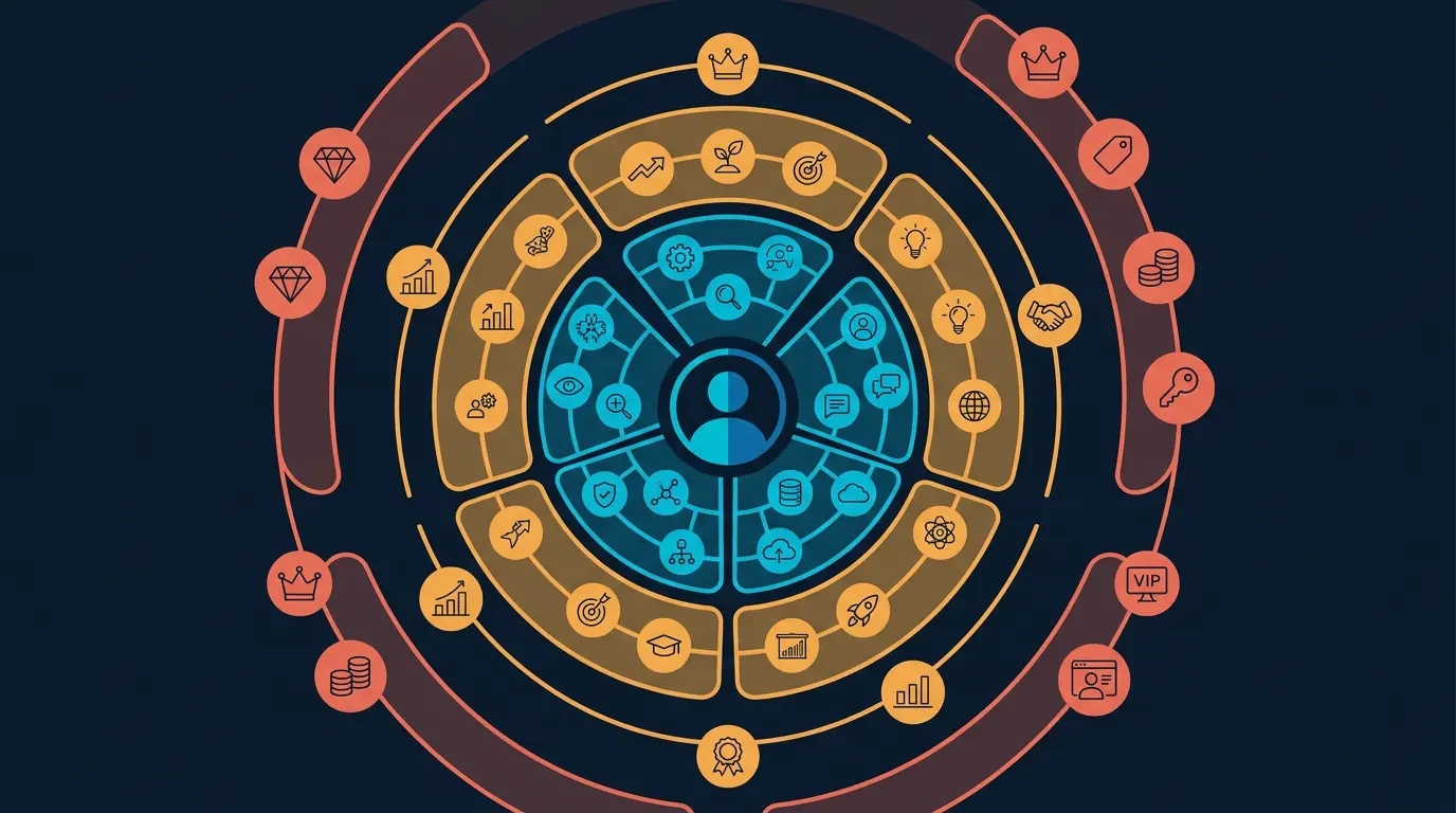 Feature map infographic grouping all 40 features into five orbital clusters around a central user icon.