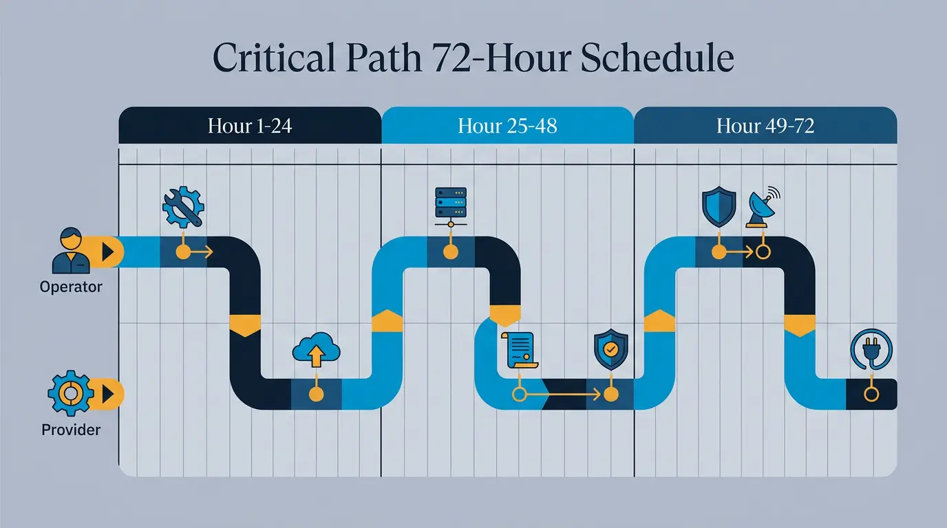 Hour-by-hour schedule table showing the 72-hour critical path with task owners (operator vs provider).