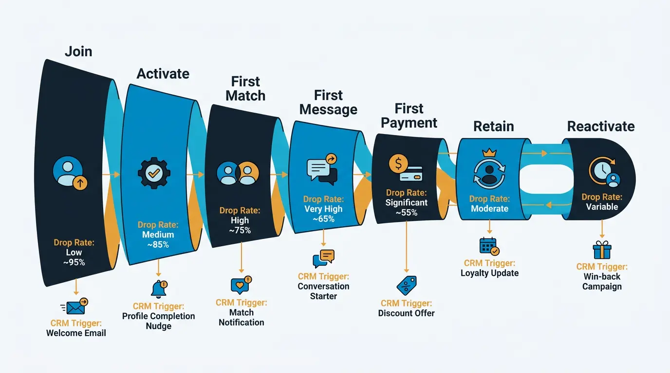 Lifecycle funnel: Join -> Activate -> First Match -> First Message -> First Payment -> Retain -> Reactivate.