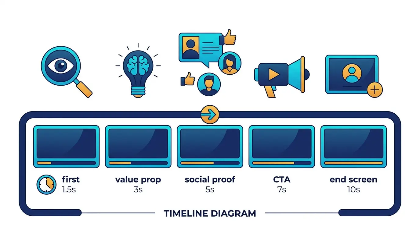 Video hook anatomy: first 1.5s, value prop 3s, social proof 5s, CTA 7s, end screen 10s.