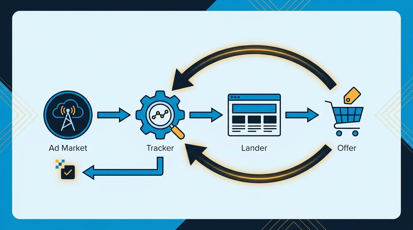 S2S postback sequence diagram: ad network -> tracker -> lander -> offer -> postback back to tracker -> fire ad network pixel.