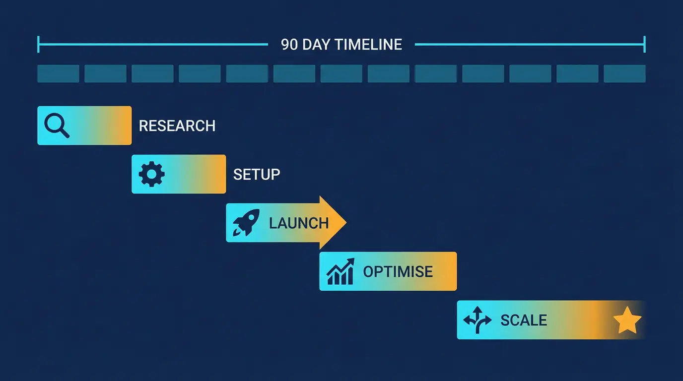 90 day timeline Gantt: week blocks showing which task runs when (research, setup, launch, optimise, scale).