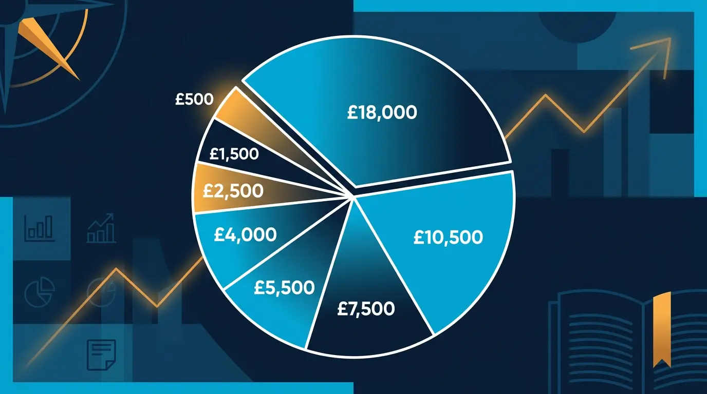 Pie chart of typical Tier 2 (£50k) budget allocation by category, with each slice labelled in £.