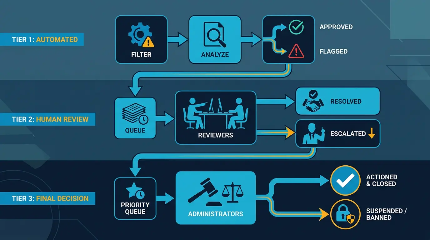 Three tier moderation flow diagram.