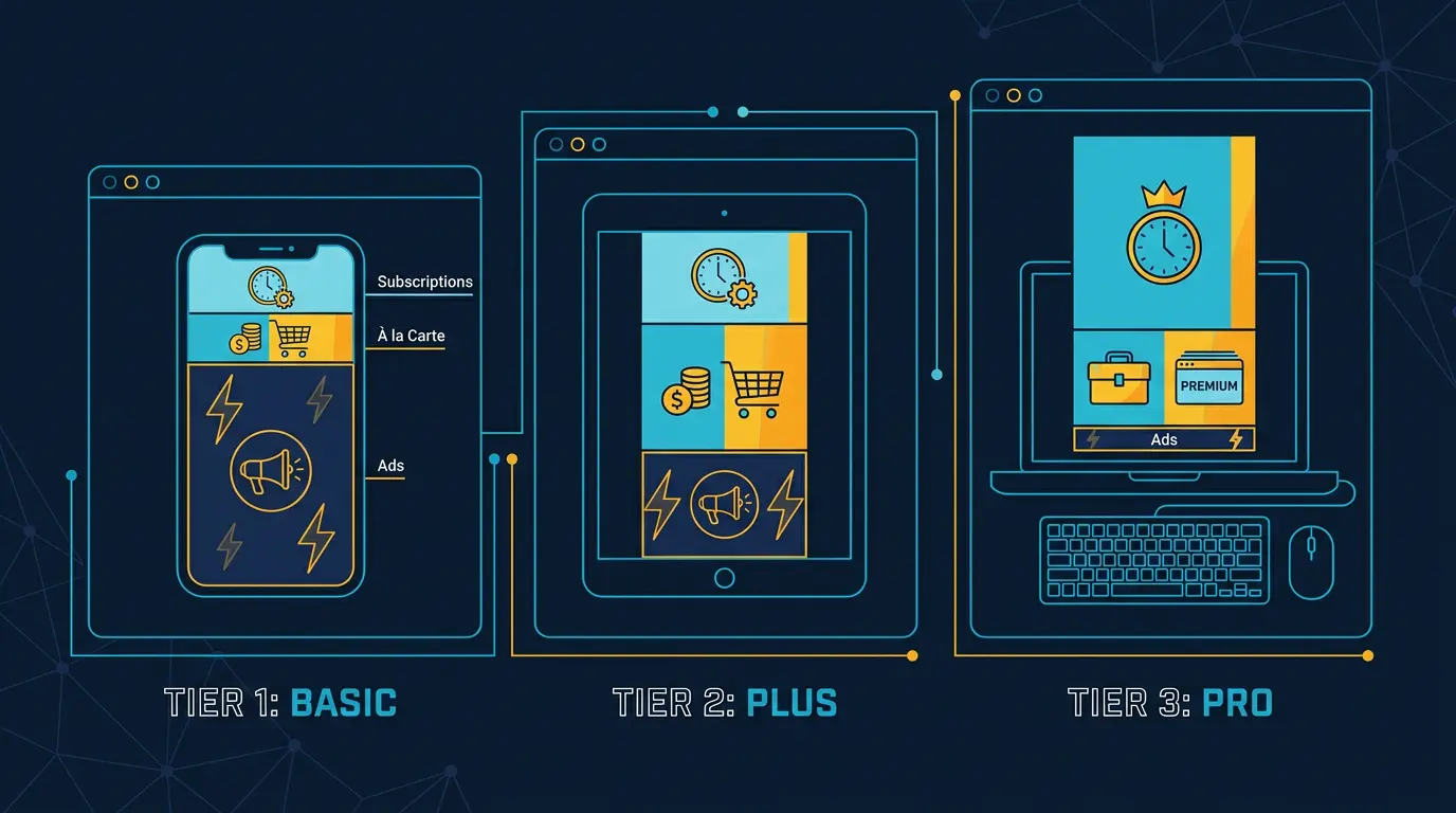 Revenue mix chart: subscriptions vs à la carte vs ads across three app tiers.