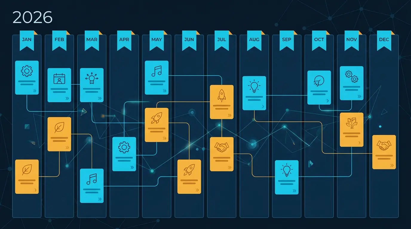 Event calendar 2026 with month columns and event cards.