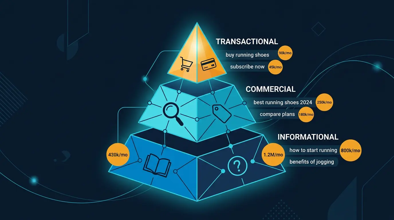Keyword intent pyramid: transactional top, commercial middle, informational bottom.