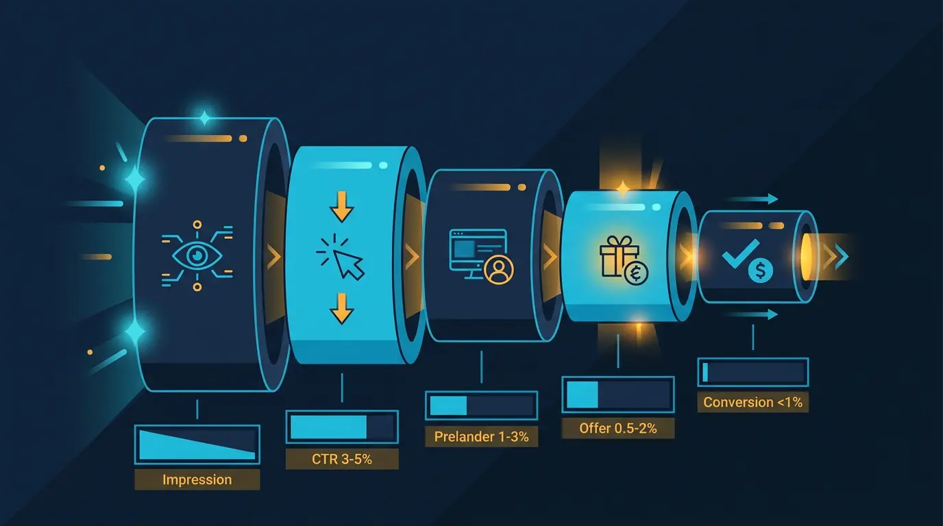 Native funnel: impression -> CTR -> prelander -> offer -> conversion.