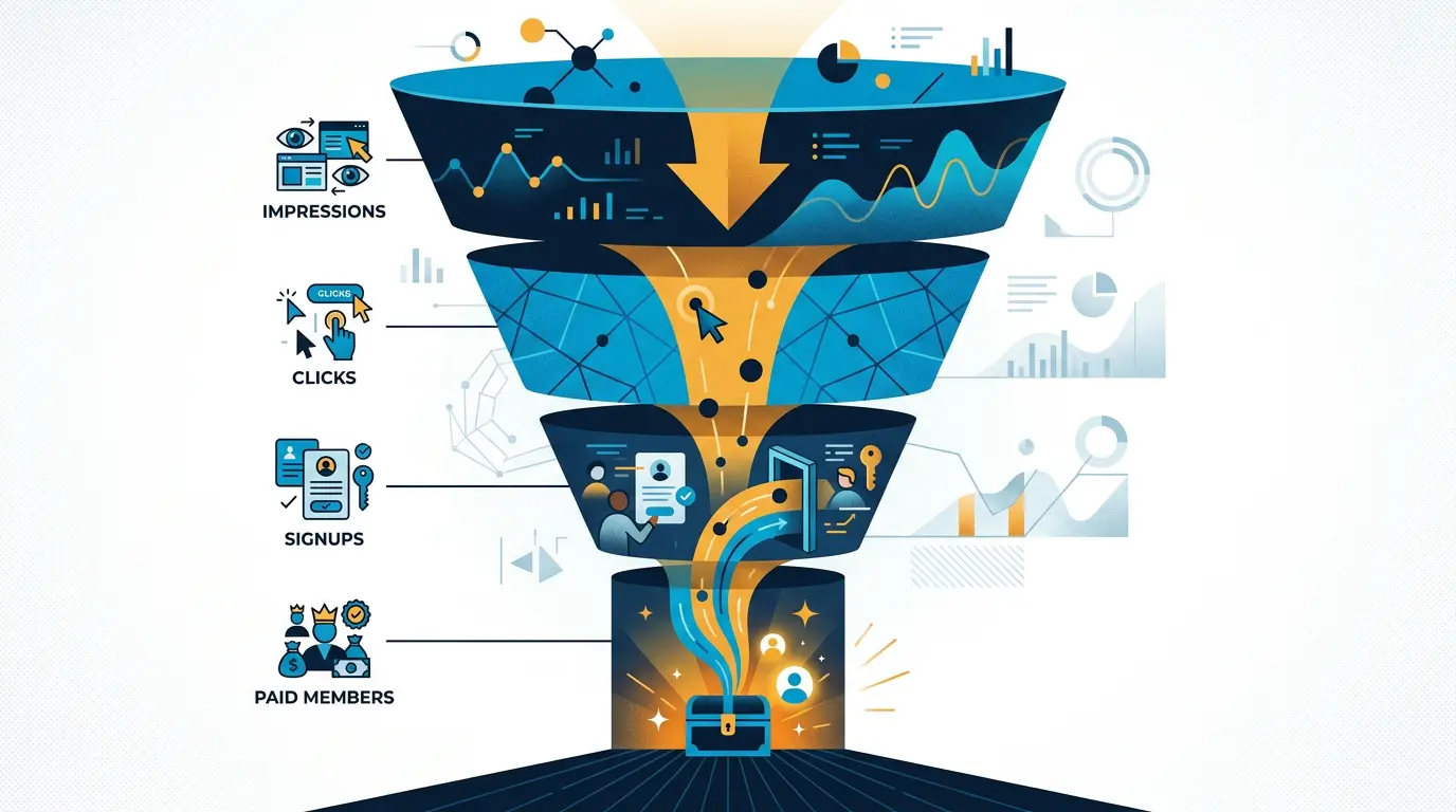 Funnel chart showing typical cold-start acquisition funnel: impressions → clicks → signups → paid members at each stage.