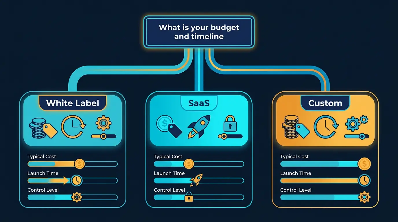 Decision tree infographic: start node "What is your budget and timeline" splitting into three branches (White Label, SaaS, Custom) with typical cost, launch ti…