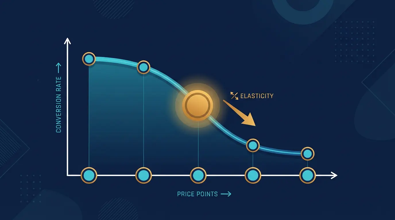 Price elasticity curve: 5 price points on X, conversion rate on Y, inflection point marked in amber.