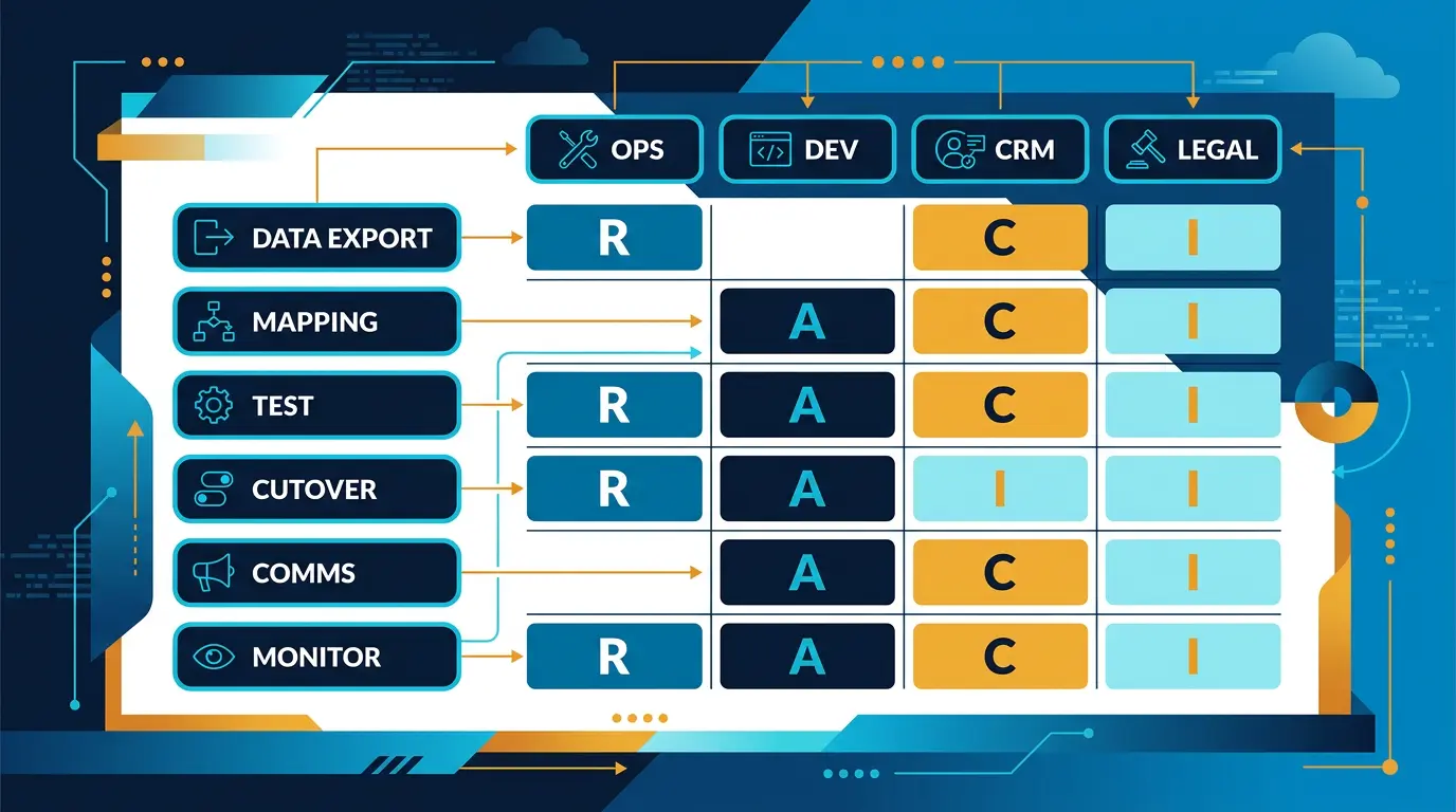 Migration RACI matrix: tasks down the side (data export, mapping, test, cutover, comms, monitor), roles across (ops, dev, CRM, legal).