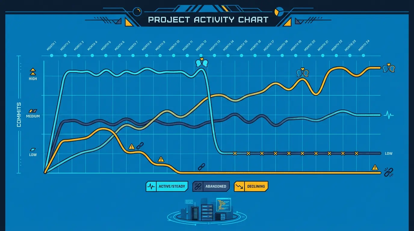Project activity chart: commits per month for top 6 open source dating projects over last 24 months.