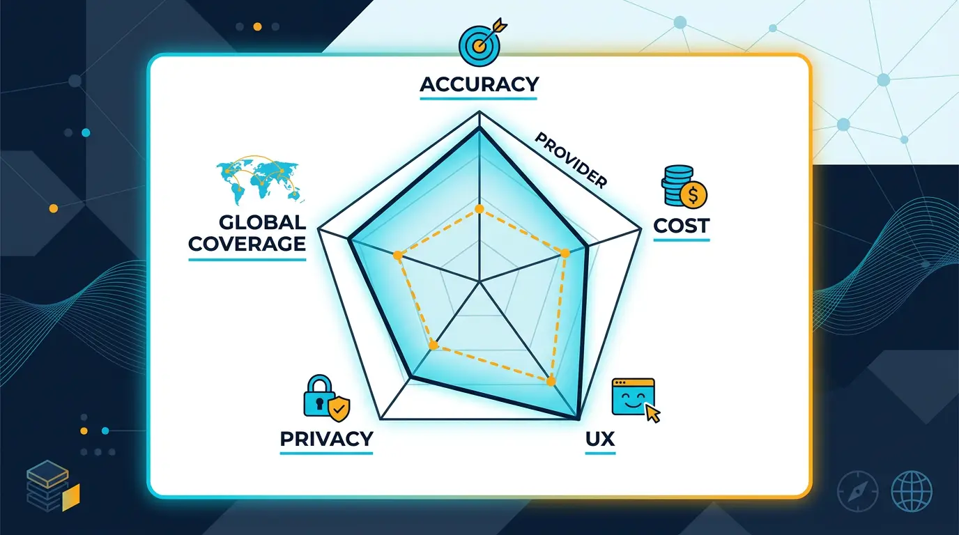 Provider radar chart on accuracy, cost, UX, privacy, global coverage.