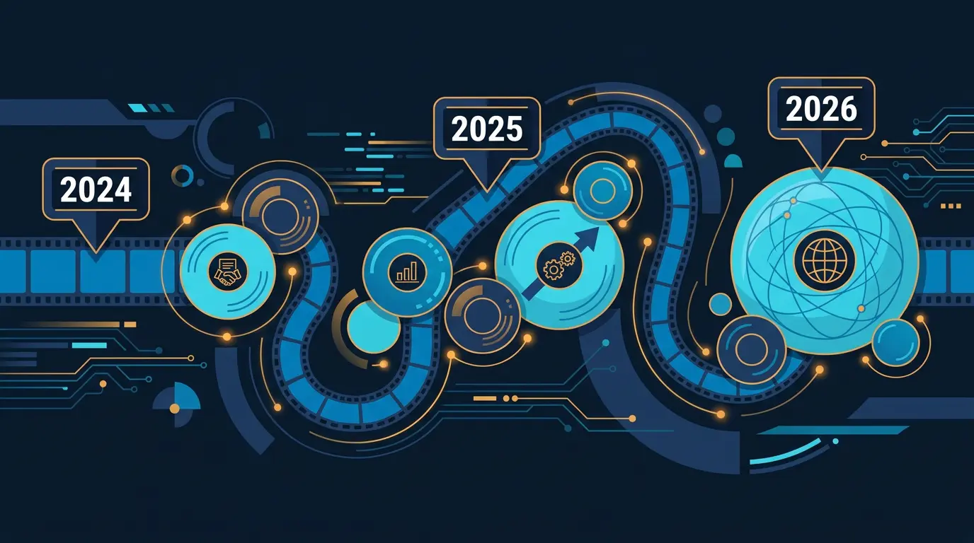 Timeline strip of 2024 to 2026 deals with bubble sizes proportional to disclosed value.