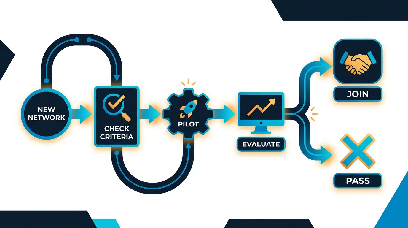 Decision flow: new network -> check criteria -> pilot -> evaluate -> join or pass.