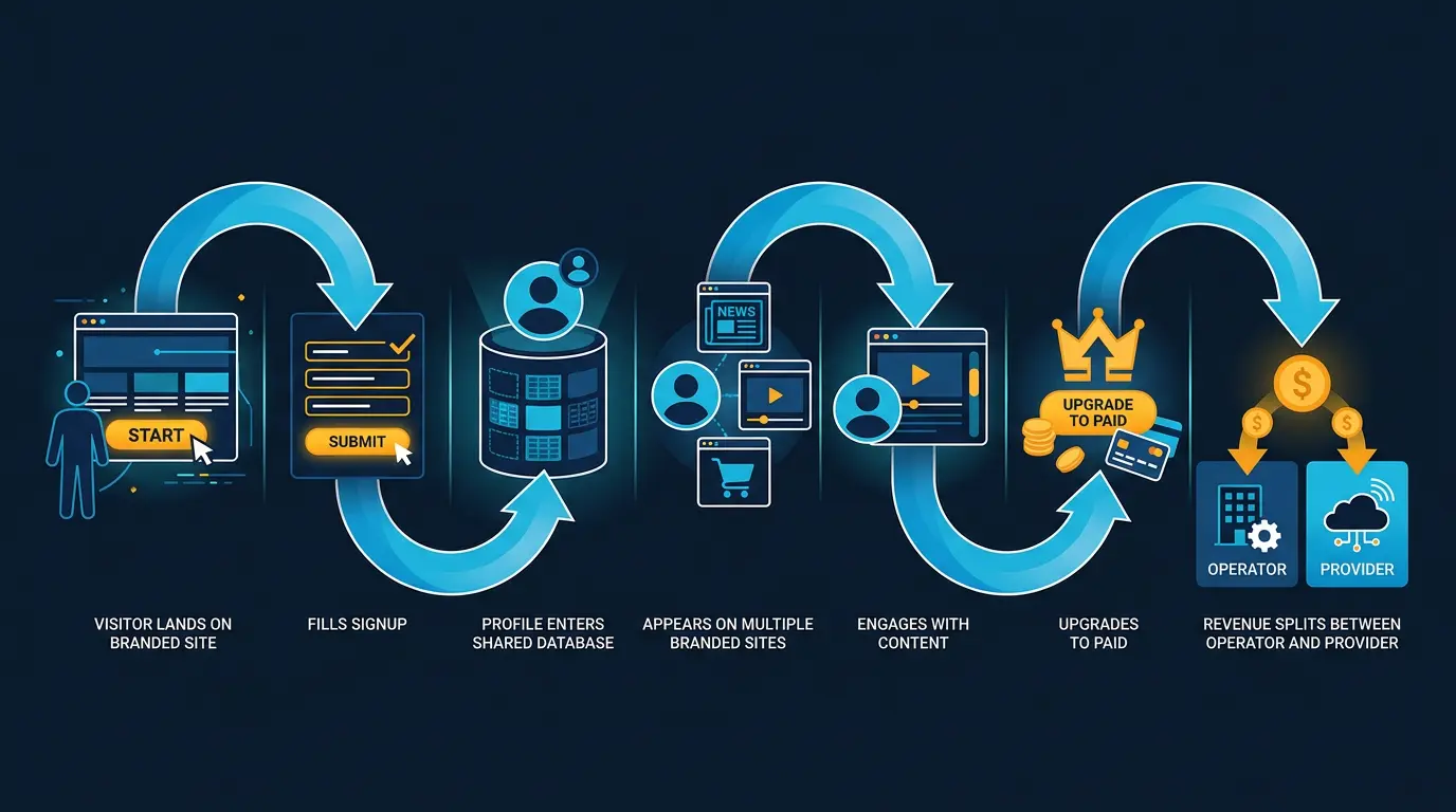Flow diagram showing member signup journey: Visitor lands on branded site → fills signup → profile enters shared database → appears on multiple branded sites →…