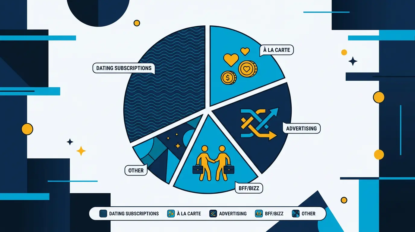 Revenue streams pie: dating subscriptions, à la carte, advertising, BFF/Bizz, other.
