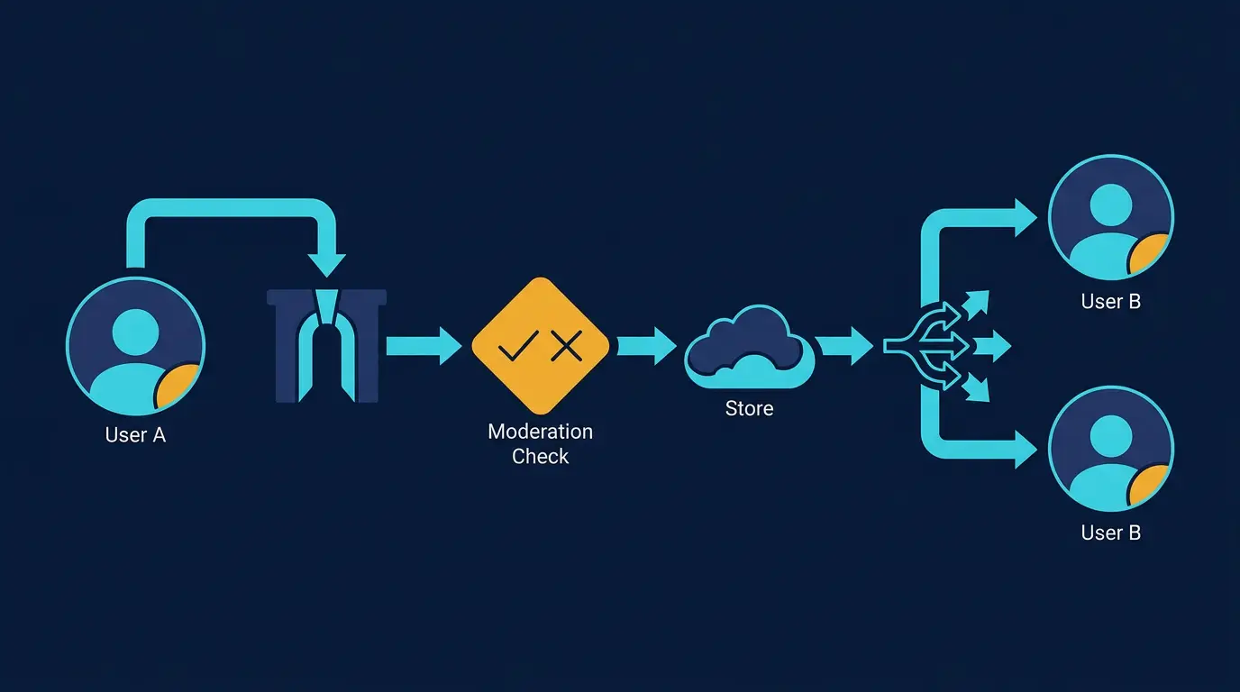 Message flow sequence diagram: user A sends -> gateway -> moderation check -> store -> fanout -> user B.