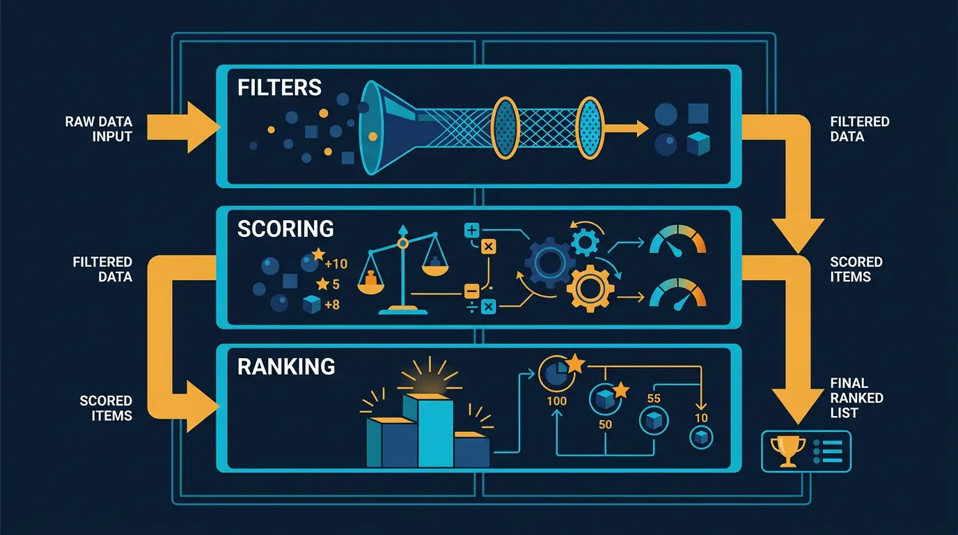 Three layer stack diagram: Filters (top), Scoring (middle), Ranking (bottom).