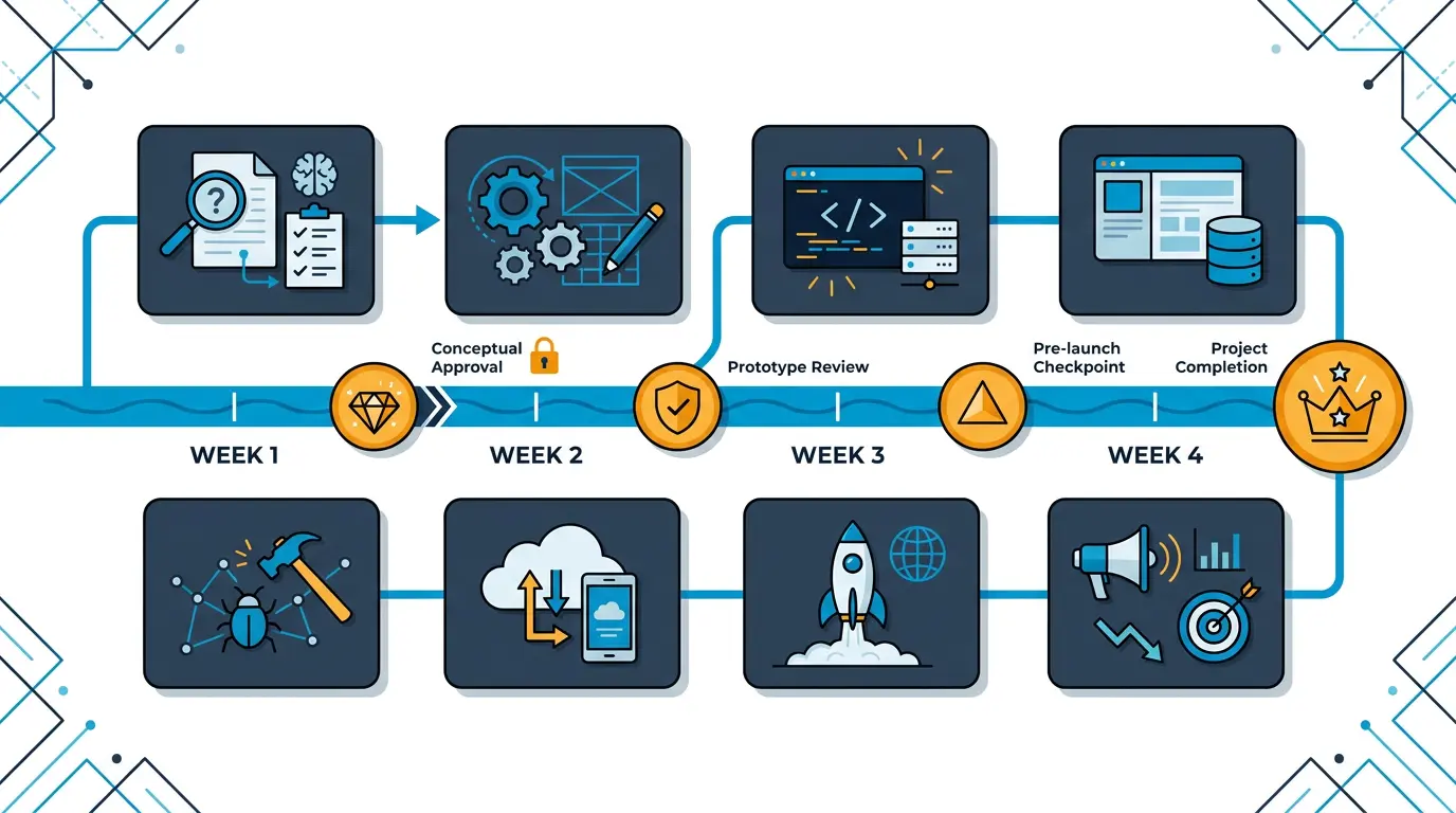 Horizontal timeline infographic showing weeks 1-4 with each step mapped to its week.