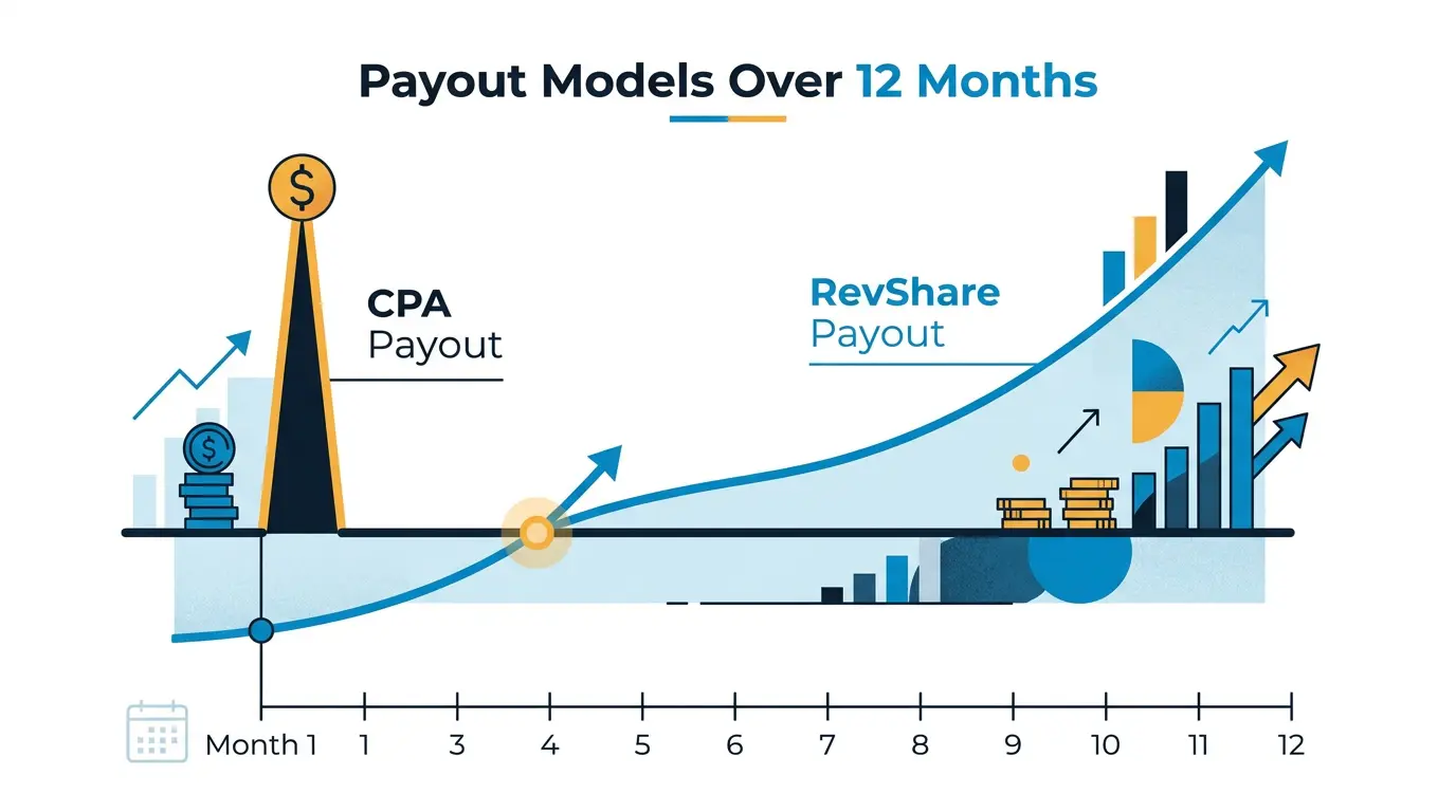 CPA vs RevShare payout curves over 12 months: CPA flat line spikes on sale date; RevShare line steadily builds and crosses CPA around month 4.