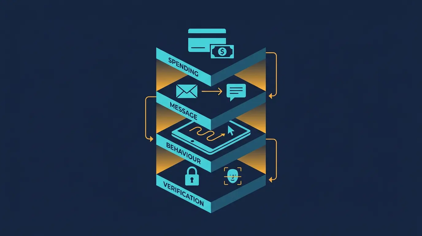 Detection layer stack: verification -> behaviour -> message -> spending.