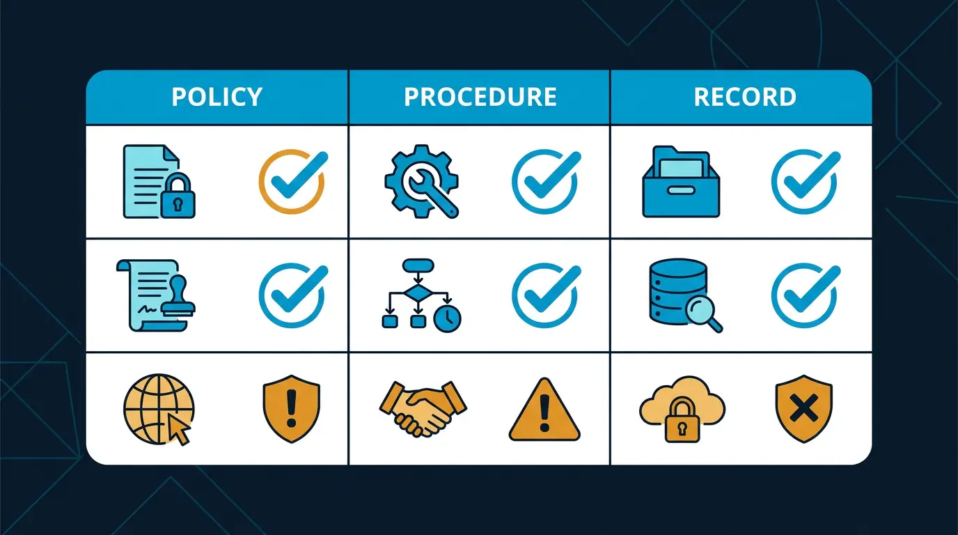 Three-column compliance checklist table with icons for each requirement.