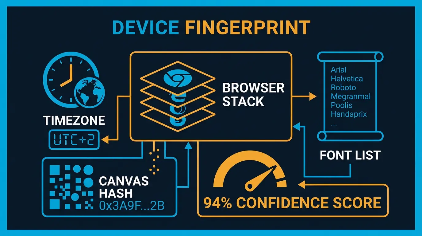 Device fingerprint example: browser stack, timezone, font list, canvas hash, etc, with confidence score.
