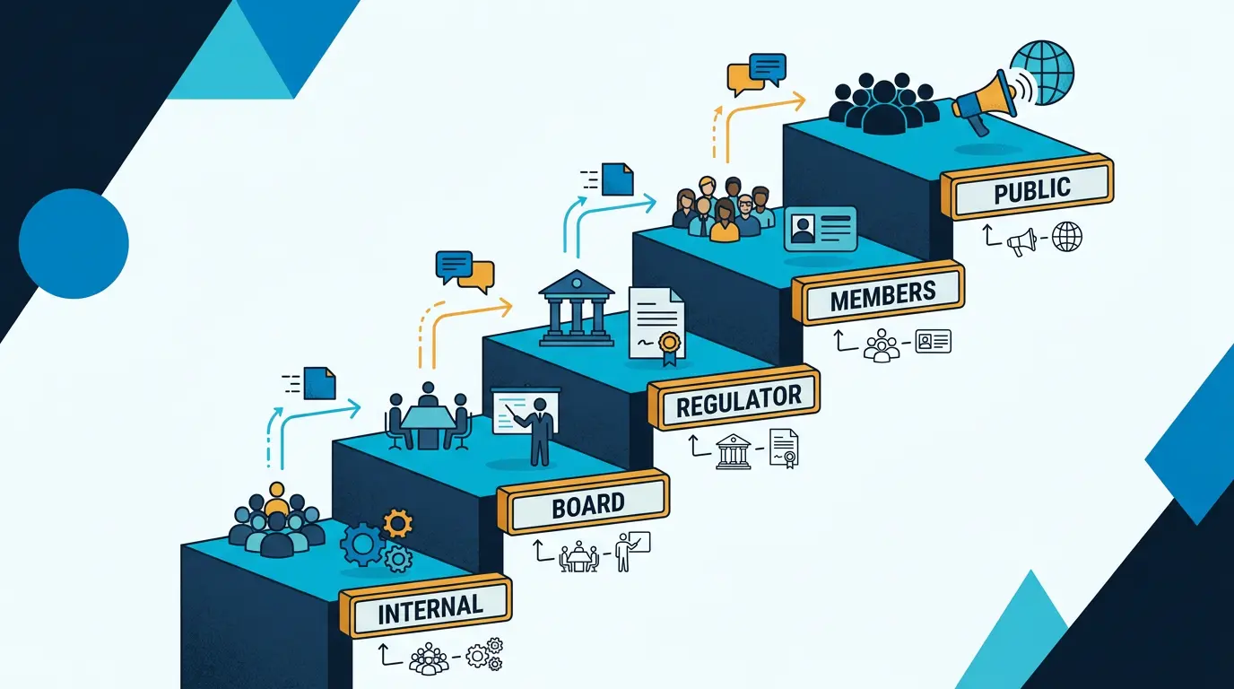 Comms ladder: internal -> board -> regulator -> members -> public.