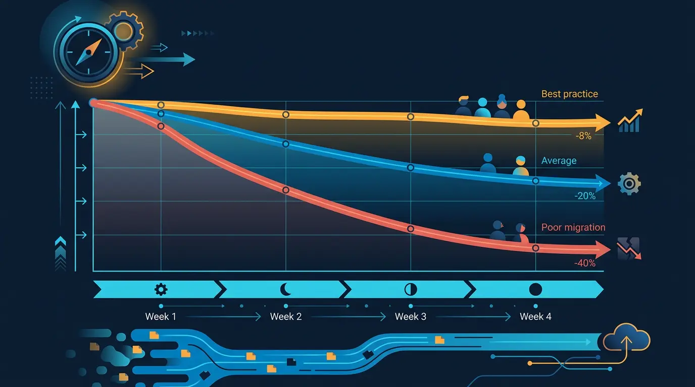 User retention after migration: 4 week chart showing three curves.