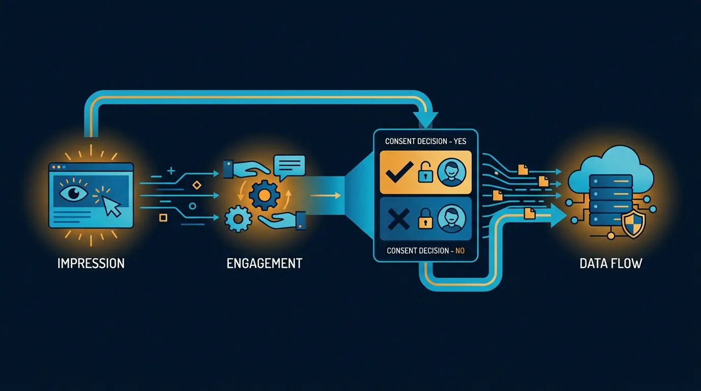 Consent funnel: impression -> engagement -> consent decision -> data flow.