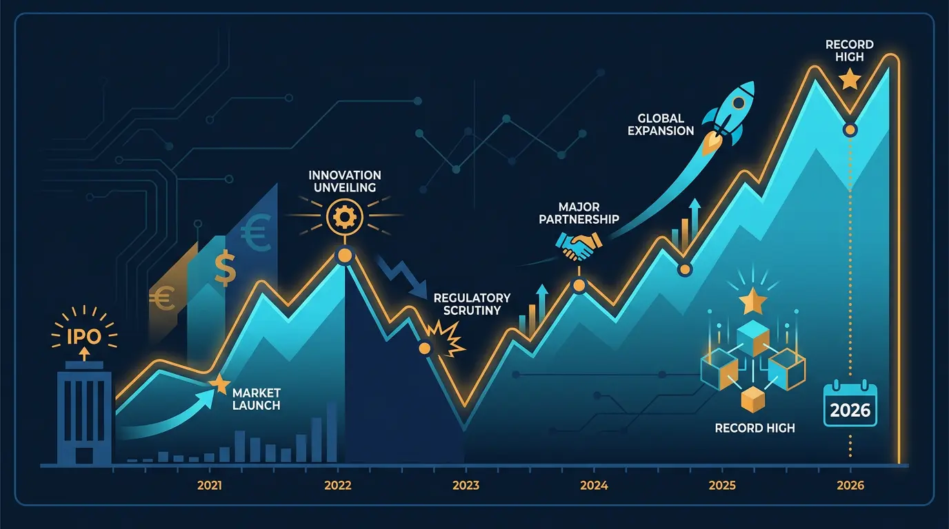 Stock price chart from IPO to 2026 with key event markers.