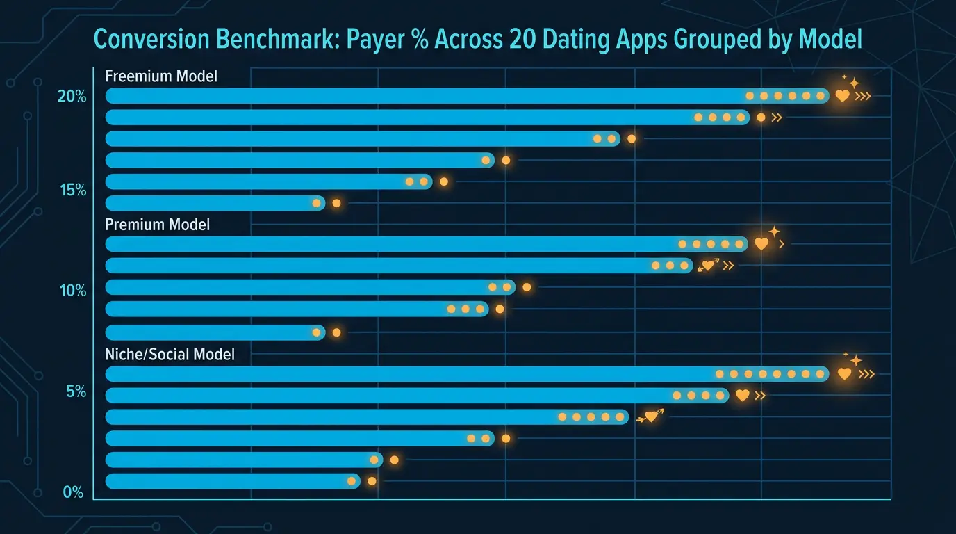 Conversion benchmark chart: payer % across 20 dating apps grouped by model.