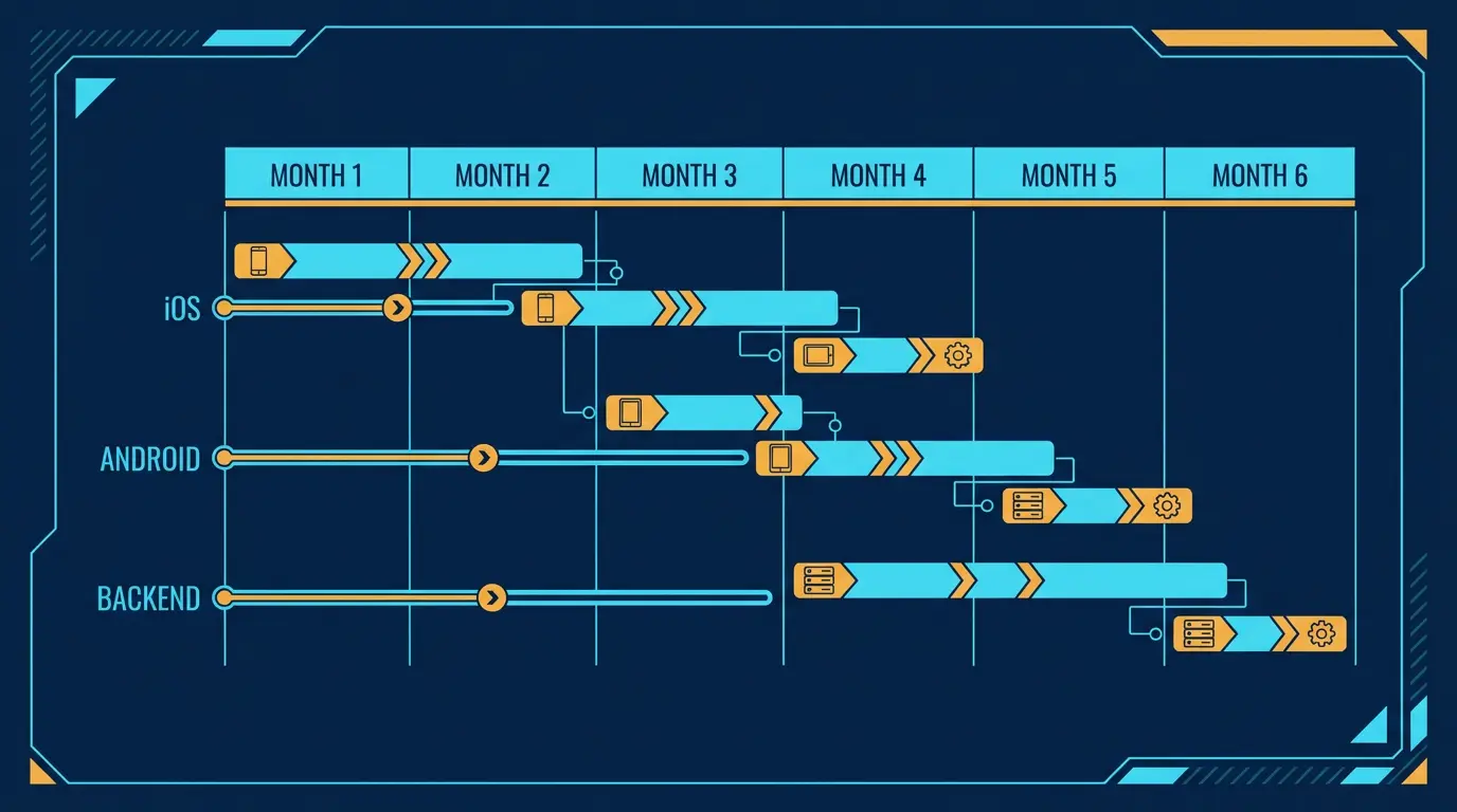 Gantt chart of 6-month MVP build with parallel tracks for iOS, Android, and backend.