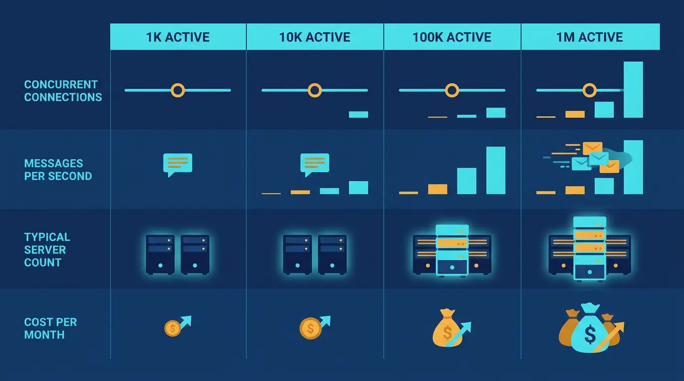Scaling table: concurrent connections, messages per second, typical server count, cost per month.