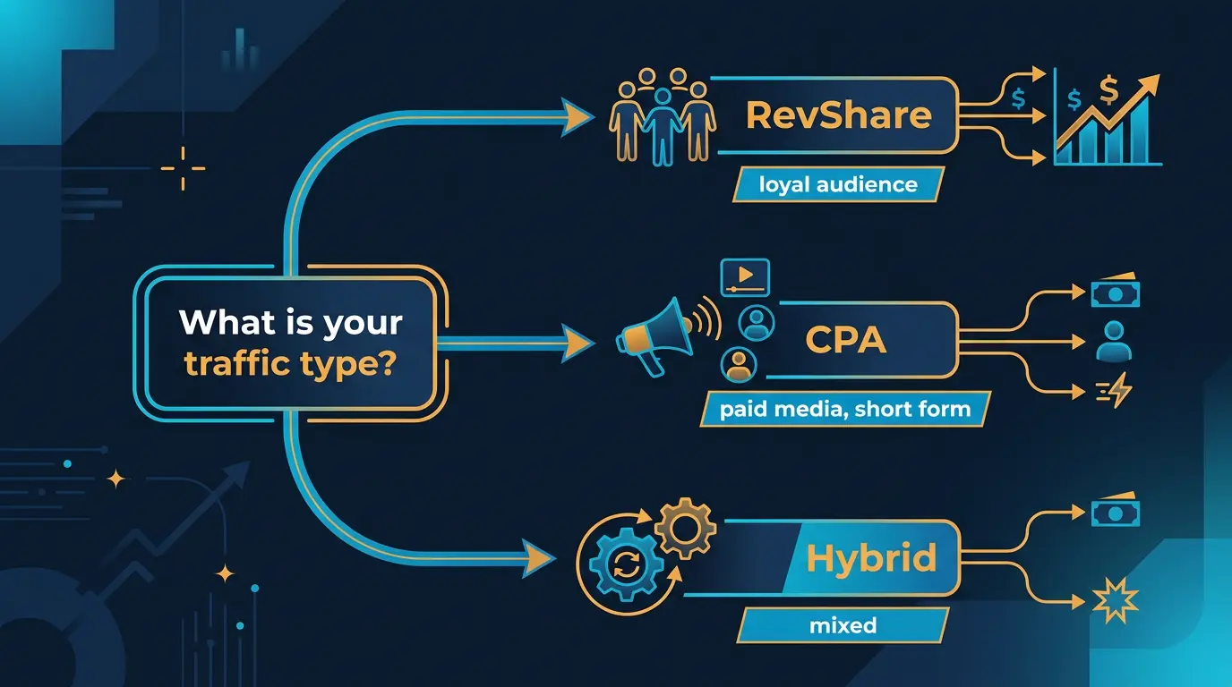Payout model decision tree: starting node "What is your traffic type" branching to RevShare recommendation (loyal audience), CPA (paid media, short form), Hybr…