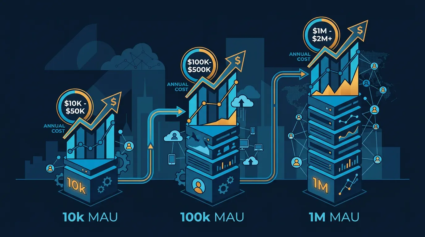 Annual cost chart at 10k, 100k, 1M MAU tiers.